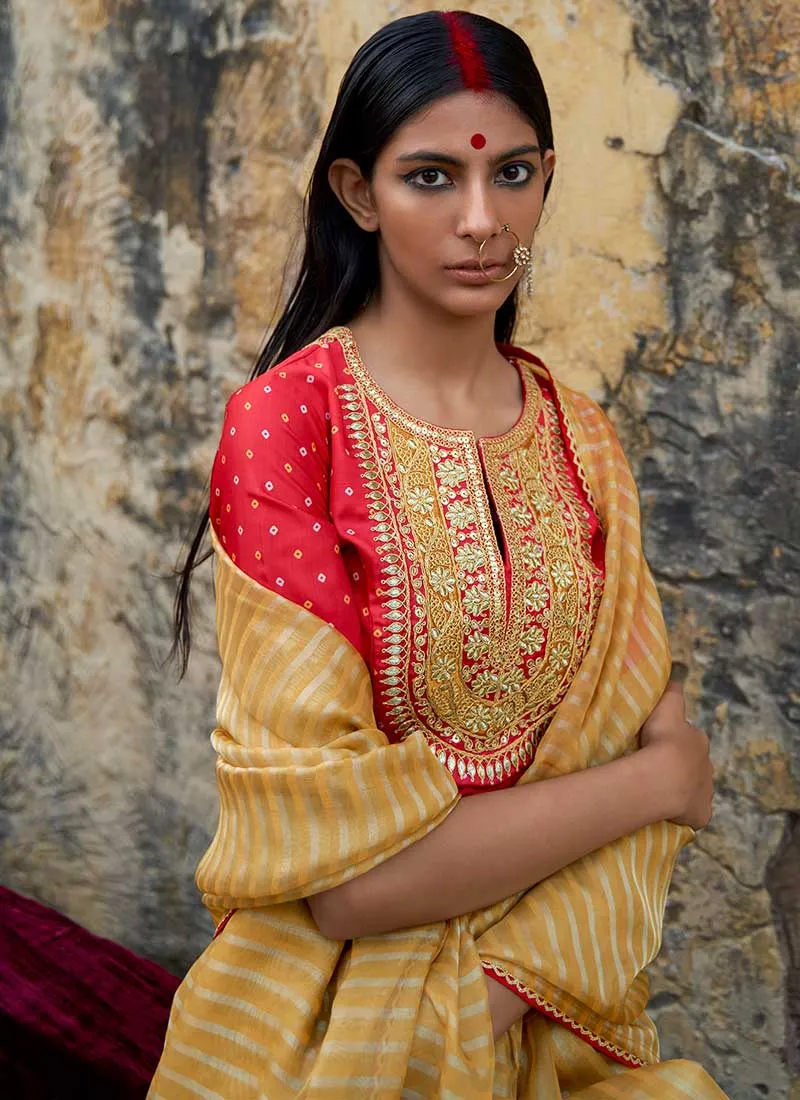 Yellow And Red Embroidered Organza Silk Saree