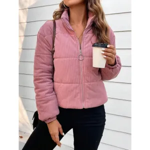Zip Up Corduroy quilted Puffer jacket stand collar pink