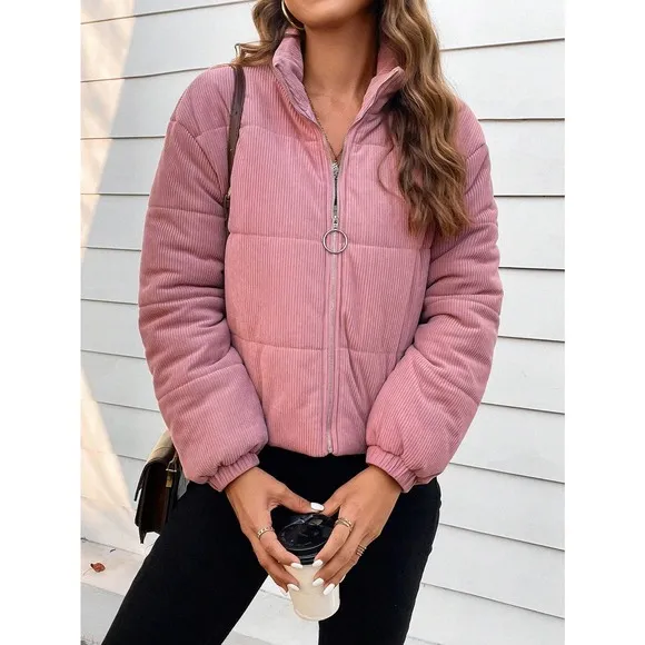 Zip Up Corduroy quilted Puffer jacket stand collar pink