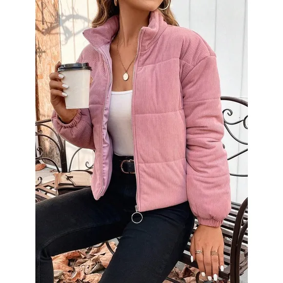 Zip Up Corduroy quilted Puffer jacket stand collar pink